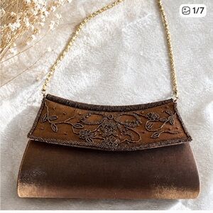 Nina Brown Velvet Beaded Flap Clutch with Gold Chain